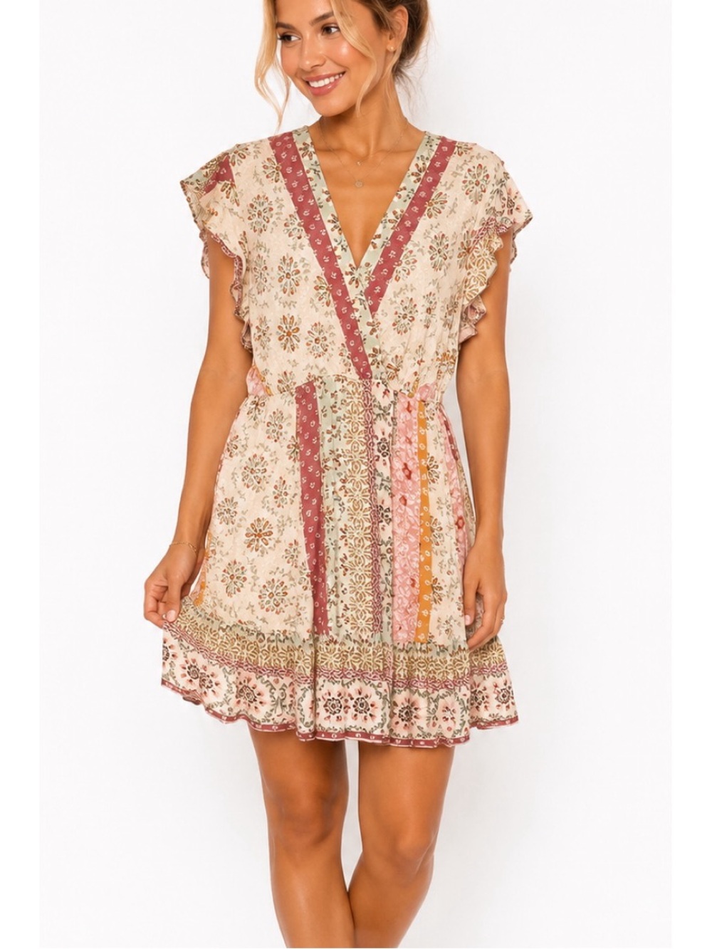 Blue B Women's Floral Short Sleeve Patchwork Look Dress